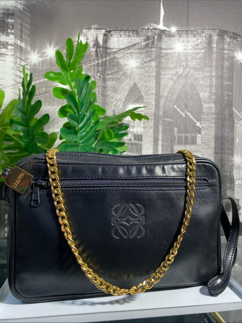 Authentic Loewe Anagram Embossed Genuine Black Leather Clutch Bag